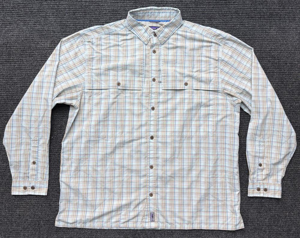 Patagonia Island Hopper Shirt Men’s XL Orange Light Blue Plaid Long Sleeve